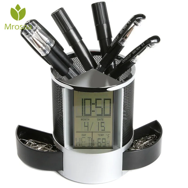 Black Digital Desk Alarm Clock Business Metal Pen Pencil Holder