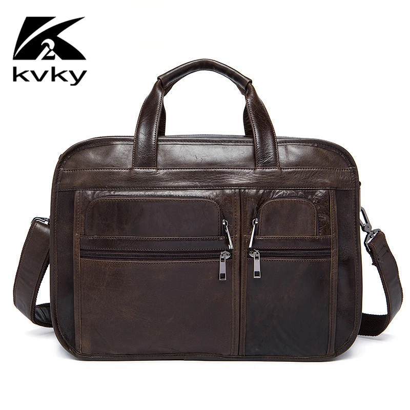 KVKY Luxury Genuine Leather Men Briefcase High Quality Leather 14 inch