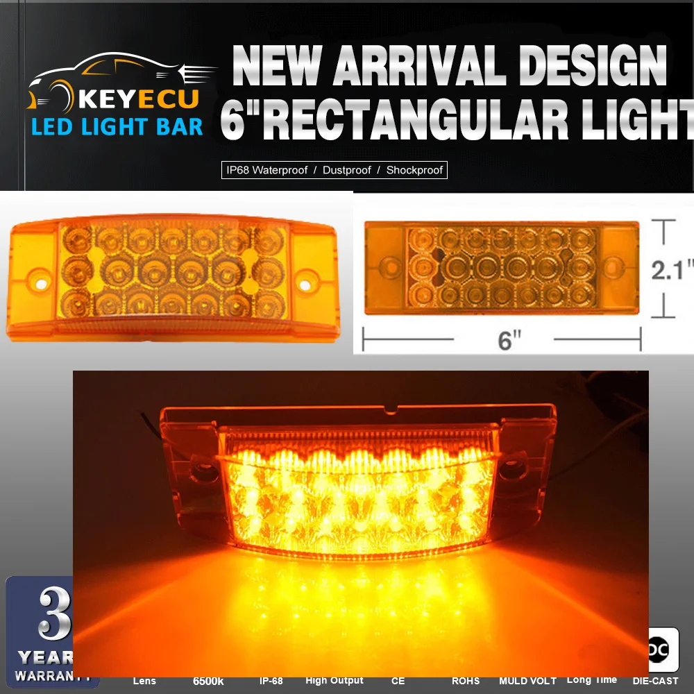 

KEYECU 12V amber 6" Rectangular Side Marker / Turn LED Sealed Trailer Lights 20 LED Universal For Any 12V Vehicles