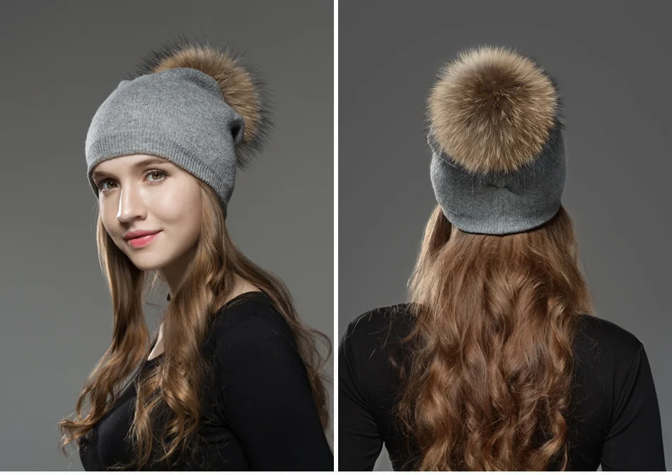 Mosnow Hat Female  Women Raccoon Wool Fox Fur Pom Poms Warm Knitted Casual High Quality Vogue Winter Hats Caps Skullies Beanies1 (16)