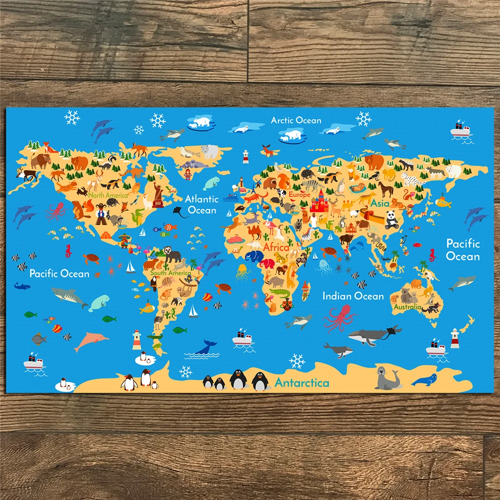 Животные мир искусство океан карта мира ребенок мир Ретро Карта кафе Гостиная Спальня украшение картина 70x43 см