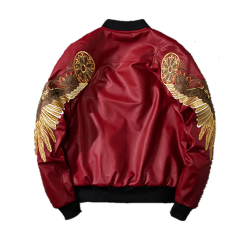 

Autumn & winter Mens Leather Jacket Embroidery Gold Eagle Wings Bomber Jacket Male PU Imitation leather warm Outwear