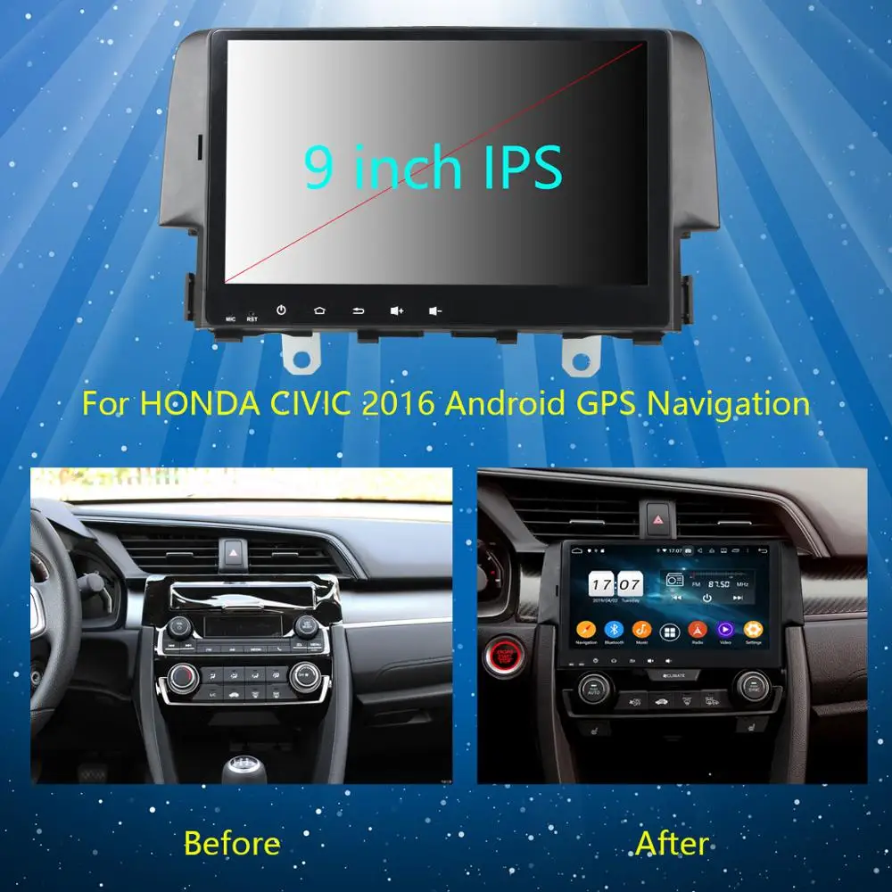 Excellent 9" IPS 8Core 4G+64G Android 9.0 Car DVD Multimedia Player For Honda Civic 2016 2017 2018 2019 GPS Radio Stereo CarPlay Parrot BT 2