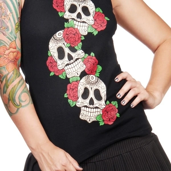 FOLTER Skull & Roses Corset Beater Lace Up Cotton Rib Tank Top