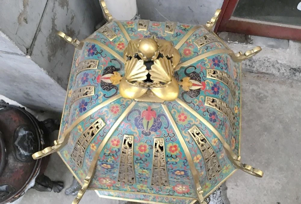 Тибет Бронзовый перегородчатой эмали слон Foo Dog Лев башня Ладан курильница