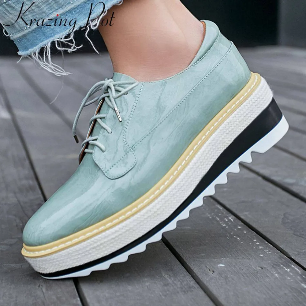 

Krazing Pot European style round toe wedge med bottom lace up full grain leather 4cm platform Autumn Spring casual shoes L39