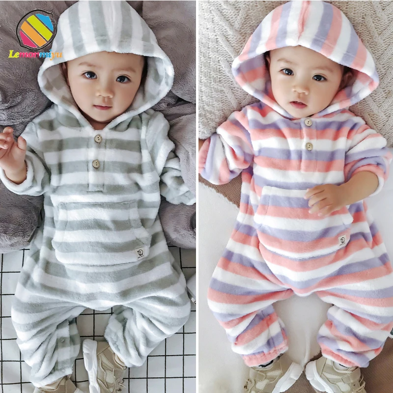 

Lemonmiyu Baby Winter Hooded Rompers For Newborn Color Stripe Clothing For Baby Warm Suits Cotton Unsex Sleepy For up to 3T