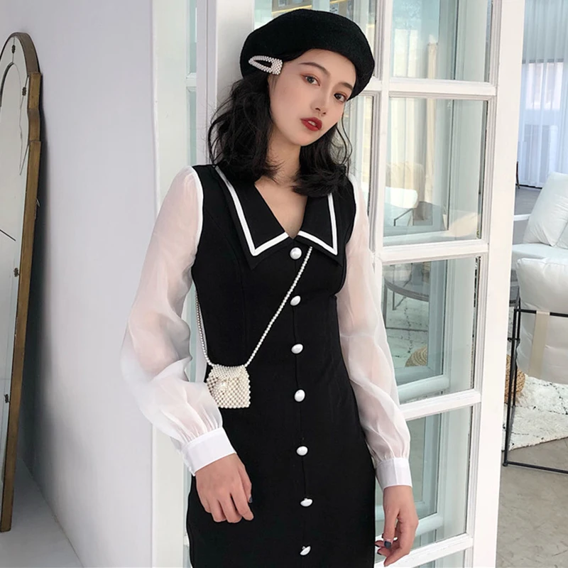 

2019 spring mesh long sleeve dress female College style slim high waist knee-length straight dresses most popular for women