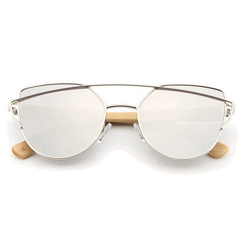 HDCRAFTER Cat Eye sunglasses women wood Bamboo ladies Sunglasses Fashion Mirror Sun glasses for Women Brand Designer female - Цвет линз: silver