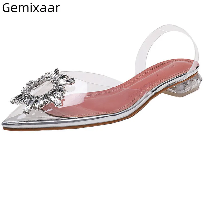 

Clear PVC Studded Crystal Sandal Shoes Women Pointed Toe Slim Shallow Comfy Insole Sandalias Chic Low Chunky Heel Sandals Woman