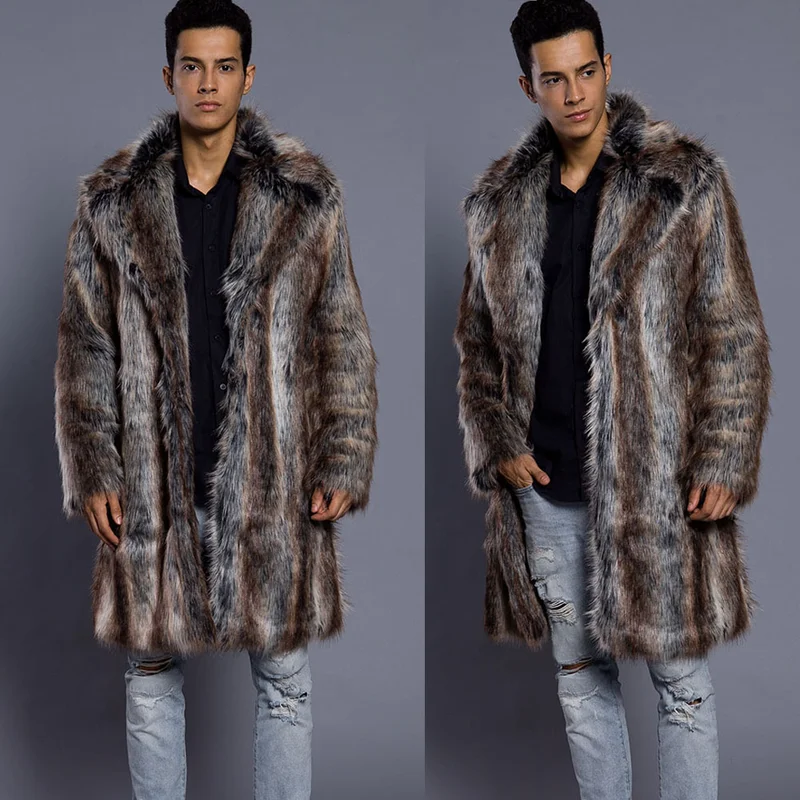 

2018 New Men's Winter Faux Fur Jacket Fur Gradient Business Style Long Windbreaker Mink Thick Warm Formal Man Leather Fur Coats