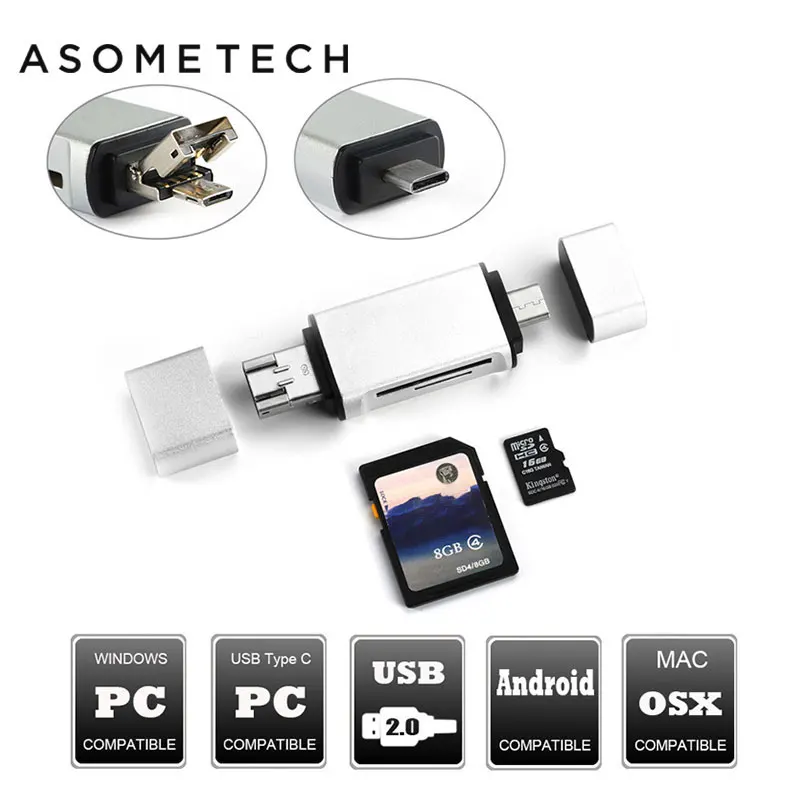Адаптер OTG из алюминиевого сплава 3 в 1 Micro USB/Type C/USB Card Reader TF/SD/Micro SD Plug & Play PC Extension