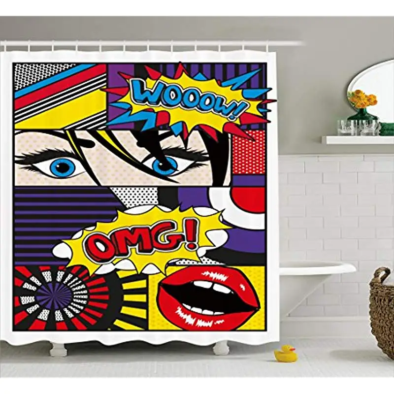 

Vixm Art Shower Curtain Comic Book Inspired Wooow Omg Eyes Reading Panels Lines Excitement Action Bath Curtains