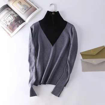 

Hot Women Casual Long Sleeve Knitted Sweater Pullover Loose Jumper Tops Knitwear Color Patchwork Turtleneck Sweaters Fashion