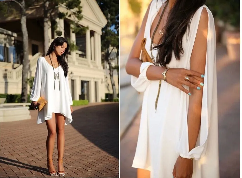 white Long Sleeve V Neck Chiffon Dress 