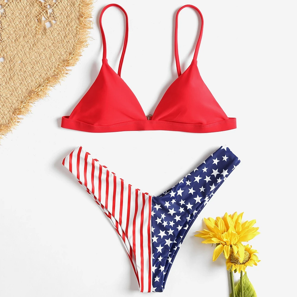 

2018 New American Flag Printed Bikini Set Spaghetti Straps High Cut Swimsuit Women Bathing Suit Beach Summer Swimwear Bikinis
