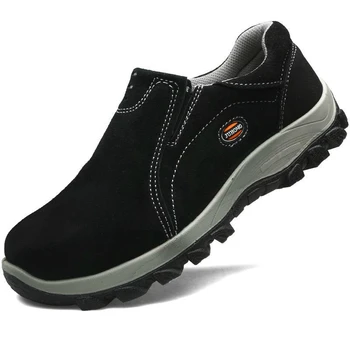 

new fashion mens big size steel toe caps working safety shoes slip-on platform worker shoe cow suede leather security boots male