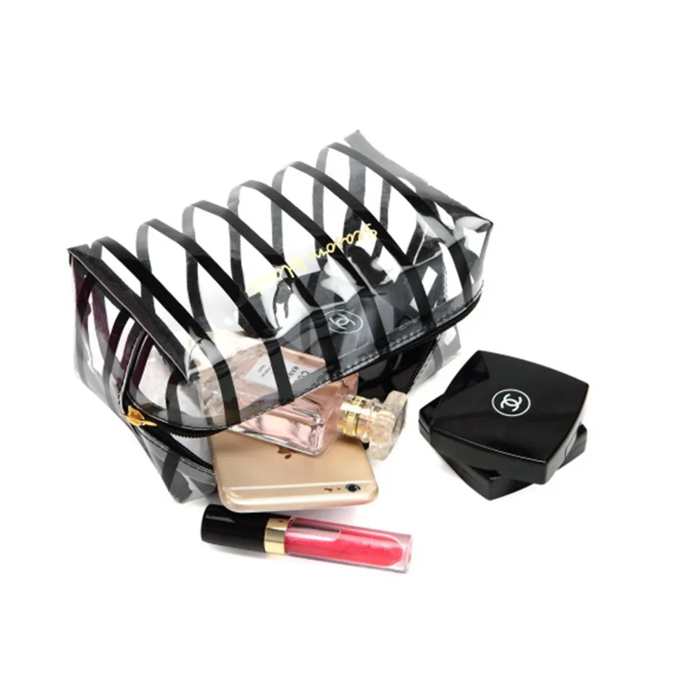 

Striped transparent PVC Women Cosmetic Bag Square Travel Clear Zipper Makeup Bags Organizer Bath Wash Waterproof Toiletry Bag