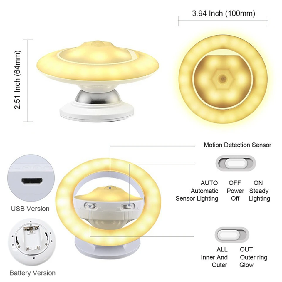YHINT UFO Motion Sensor LED Night Light 360 Degree Rotating Kids Lamp Battery USB Rechargeable 5