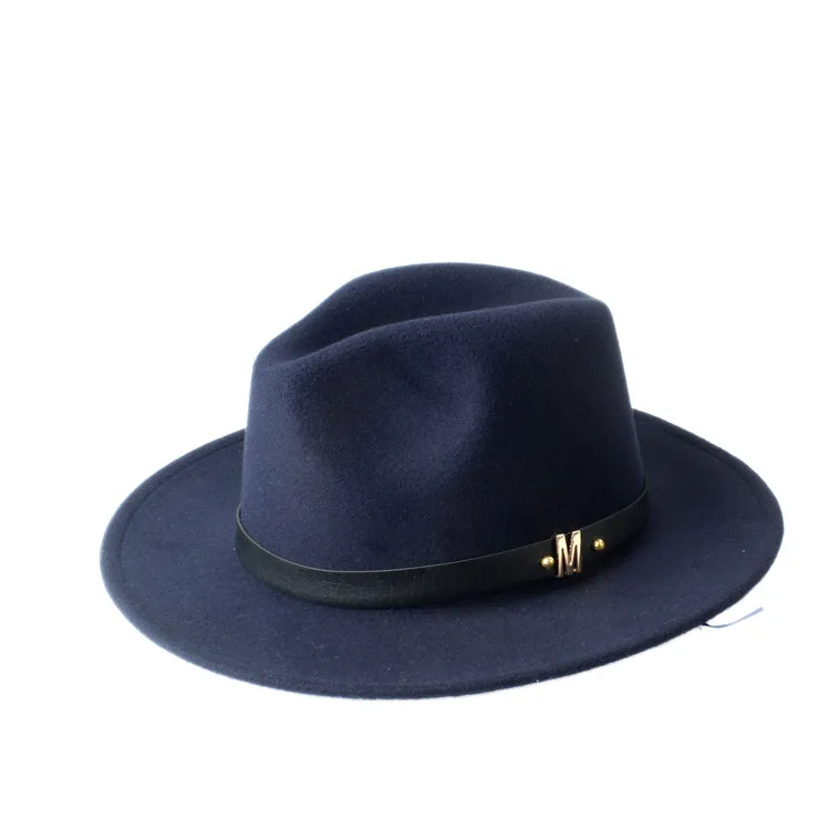Брендовая шерстяная мужская шляпа Chapeu Feminino Fedora для джентльмена шерстяная широкая джазования с полями церковная Кепка Панама Топ Солнцезащитная шляпа 20 - Цвет: Dark Blue