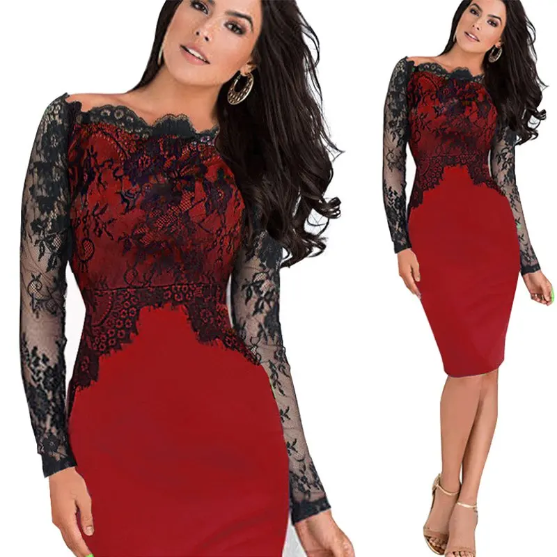 Элегантный стильный видимый длинный рукав лоскутное черное цветочное кружевное приталенное винтажное женское деловое офисное платье 1E803 - Цвет: Red