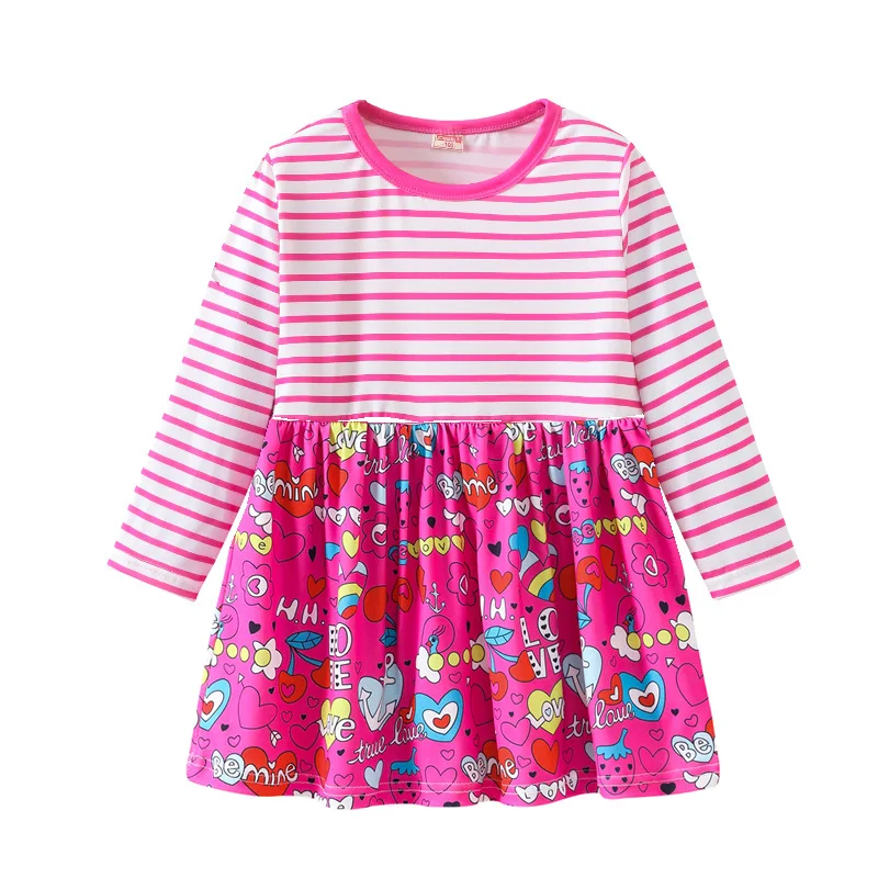 Summer Casual Printed and Striped Patchwork Baby Princess Girls Long-Sleeved Dress Girls Clothes For 2-7 Years Old