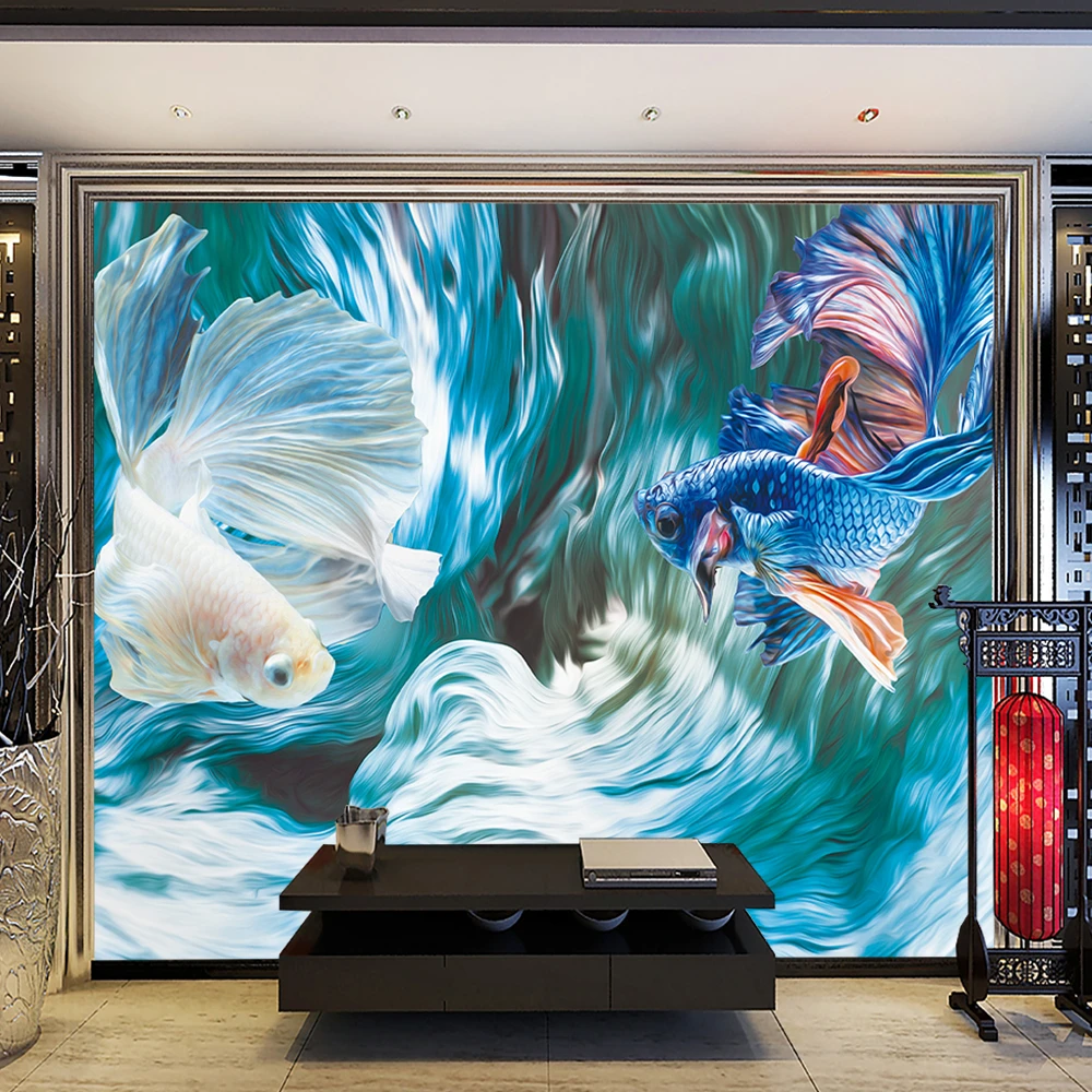Custom wallpaper 3D creative blue white Siamese fighting fish painting living room wall - healthy silk waterproof material Custom wallpaper 3D creative blue white Siamese fighting fish painting living room wall - healthy silk waterproof material