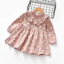 Хлопковое платье с длинными рукавами для малышей; весеннее платье для маленьких девочек с принтом бабочки; осенние детские платья для девочек; повседневная одежда