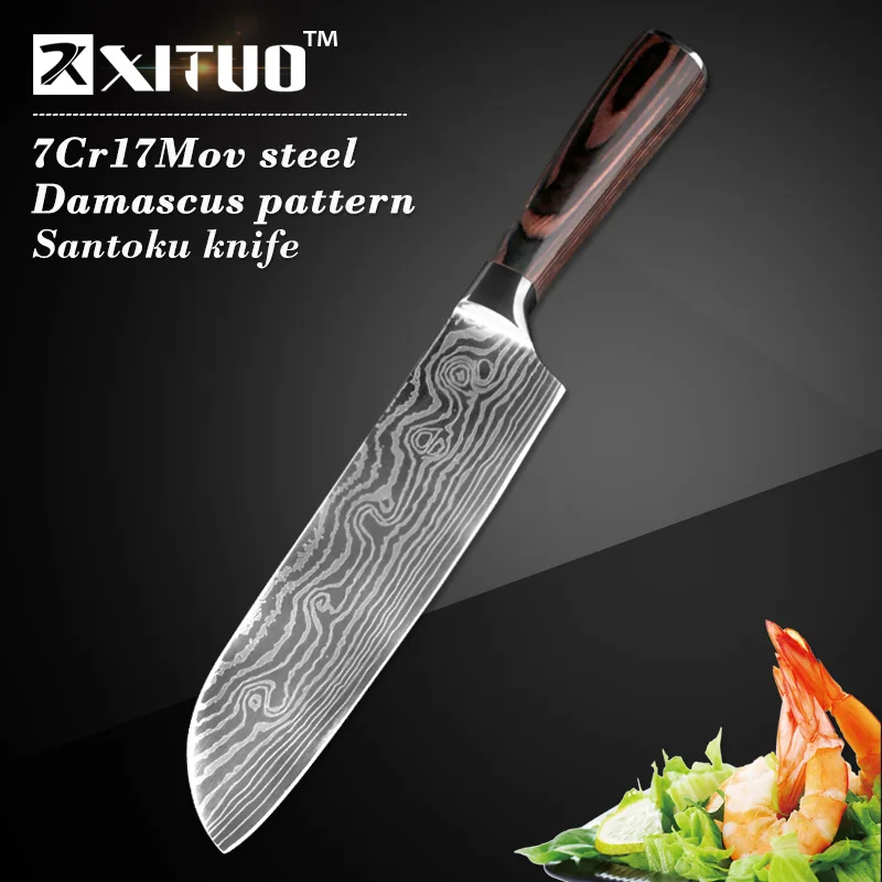 XITUO Новые Красивые вены кухонные ножи для очистки овощей утилита Santoku нарезки шеф-повара Дамасские вены цветной деревянной ручкой нож из нержавеющей стали