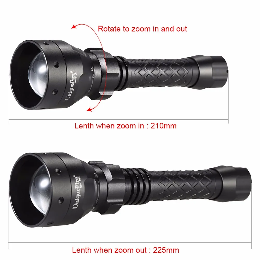 UniqueFire UF-1406 Cree XML T6 LED Zoomable Flashlight Torch Lamp 1200LM For  2 18650 Battery(Black)+Gun Mount3