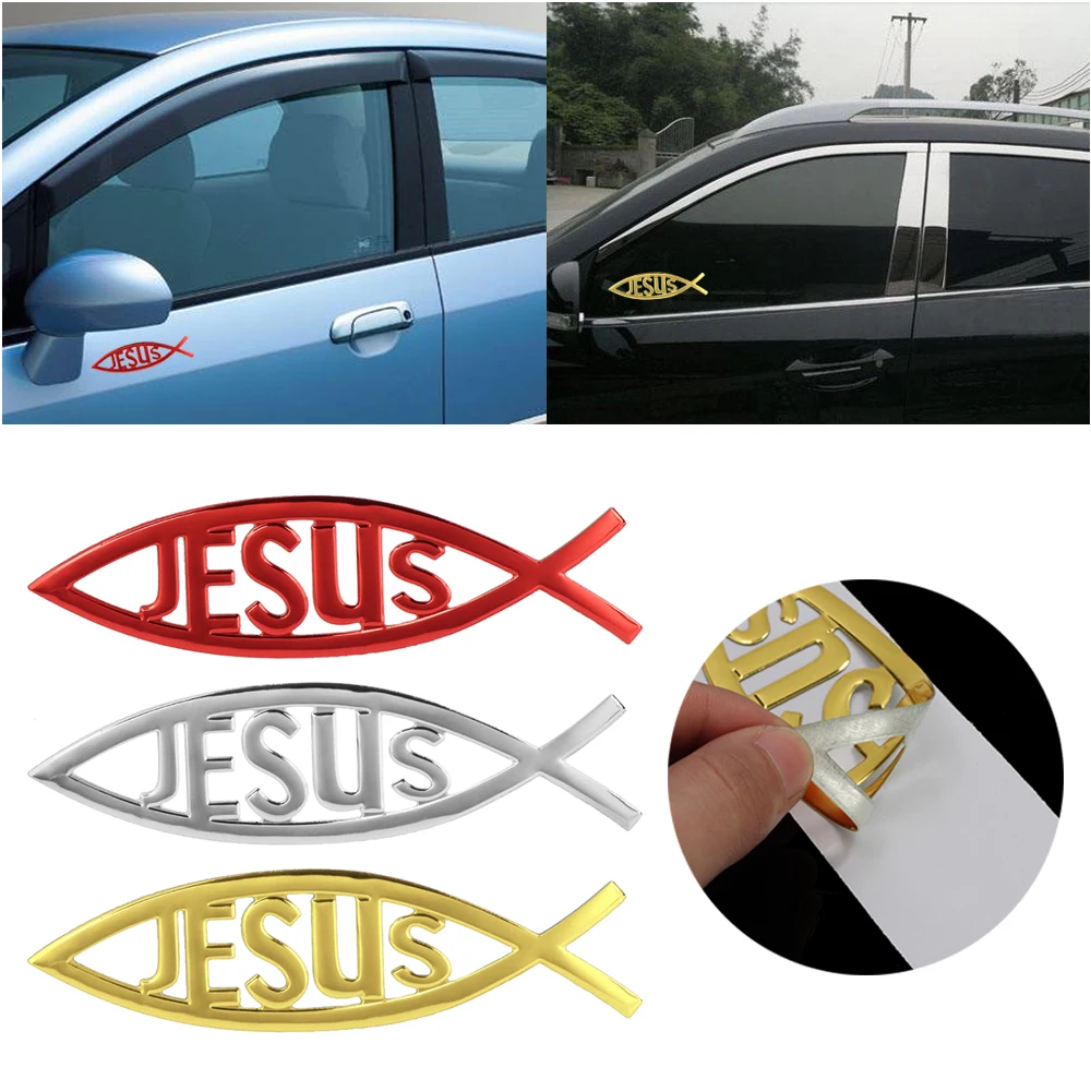 Новинка, 3D эмблема христианского Иисуса, рыбы, логотип, Эмблема для багажника автомобиля, наклейки для стайлинга автомобиля, виниловая графическая наклейка, красное золото, хром