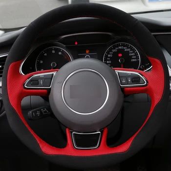 

DG DIY Hand-stitched Car Steering Wheel Cover Red Leather Black Suede for Audi A1 A3 A5 A7