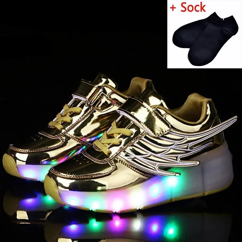 Светящиеся кроссовки, модные светящиеся кроссовки с колесиками, детская обувь, роликовые скейты, обувь со светодиодной подсветкой для мальчиков и девочек - Цвет: K02 gold