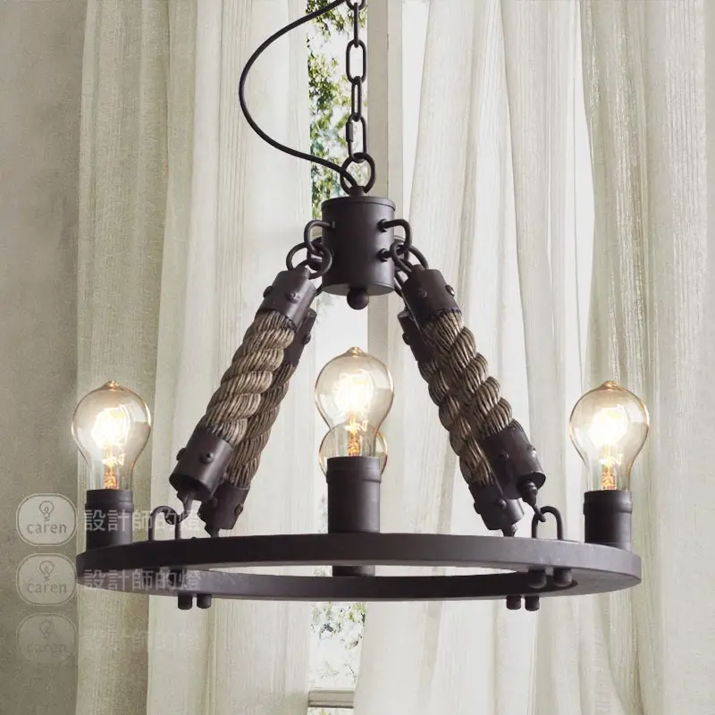 

Designer RH Loft American Castle hemp rope iron round pendant light cord retro restaurant living room hanging lamp lighting