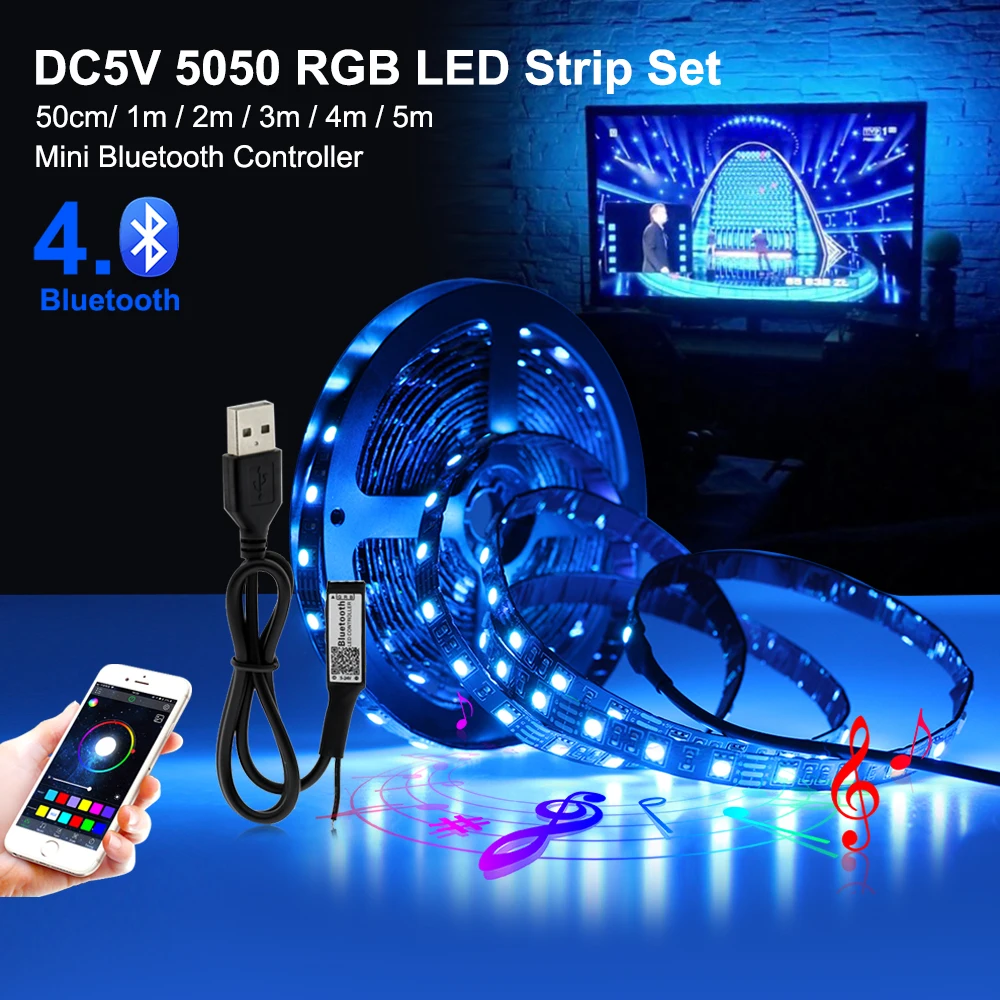 

DC 5V USB Bluetooth Led Strip Light 5050 rgb Tape APP Control For TV Backlight Flexible Led Light Strip Sound Sensor Music Strip
