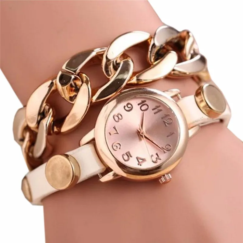 

Women Watches Bracelets Fashion Punk Gold Dial Leather Chain Wrap Analog Quartz Wrist Watch Ladies Watches Relogios Feminino