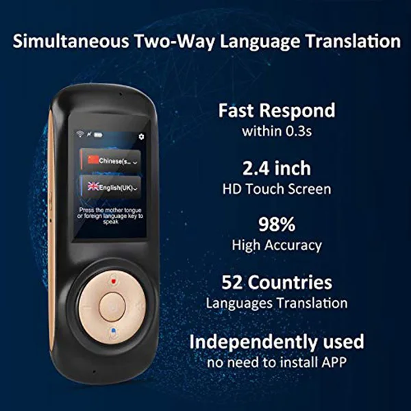 Мгновенное устройство для переводчика языка голоса, умный двухсторонний WiFi 2,4 дюймовый сенсорный экран портативный перевод для обучения путешествий