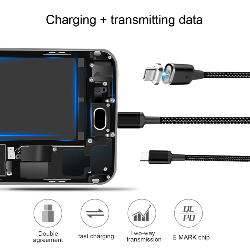 USB-C Магнитный тканый кабель для быстрой зарядки 1,8 m 20 V/5A E-MARK PD100W/87 W/65 W/61 W/60 W/45 W/30 W для iPad/MacBook Pro/Ari ноутбук