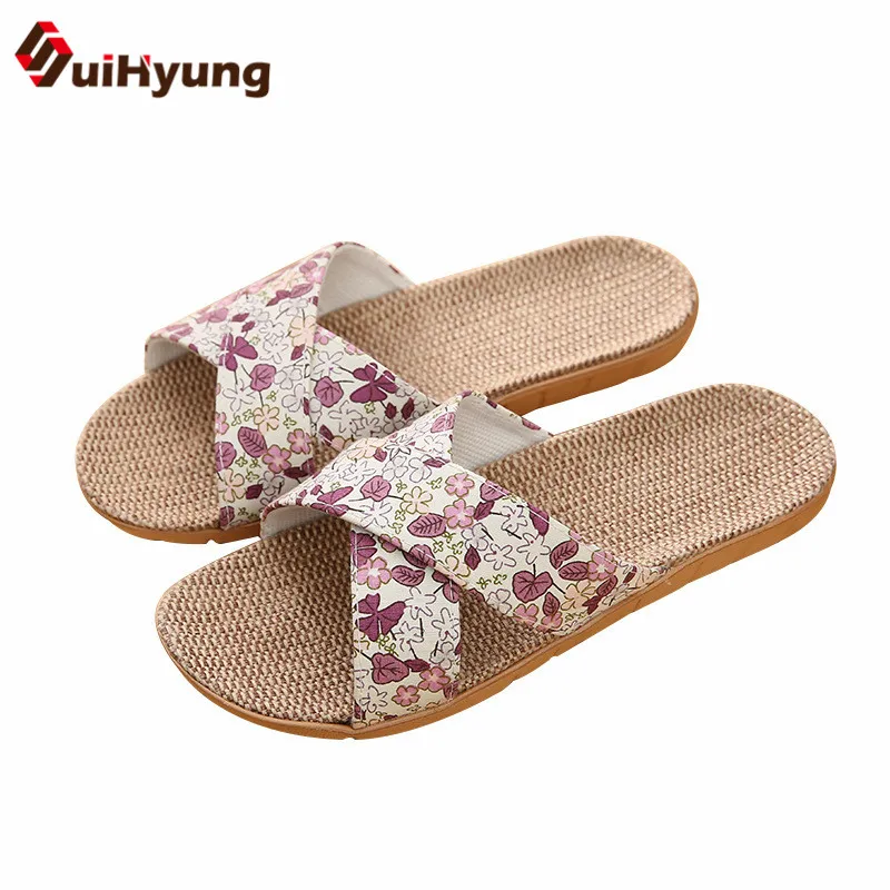 

Suihyung Women Flax Slippers Summer Indoor Floor Shoes Silent Slippers Floral Cross Belt Casual Sandals Ladies Linen Flip Flops