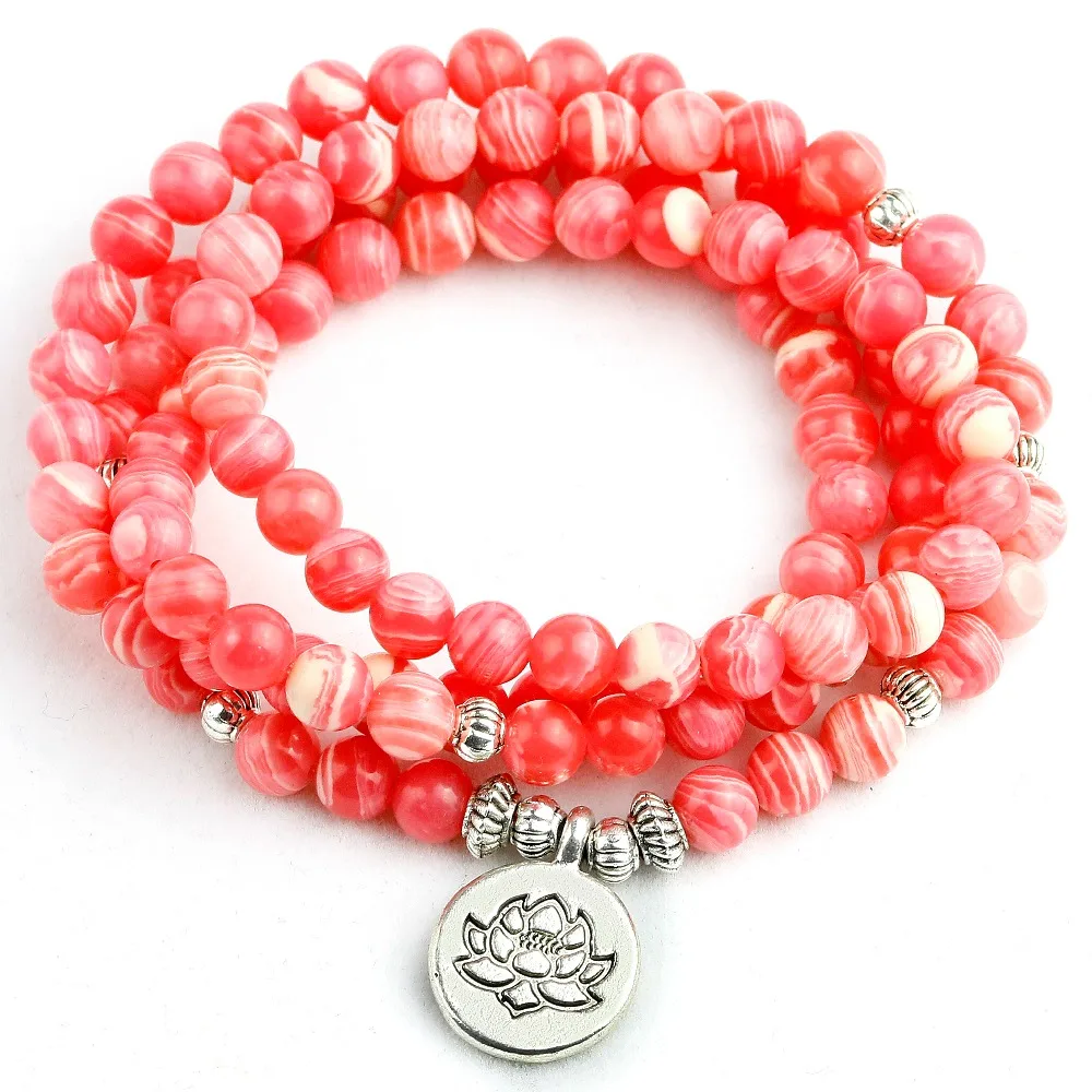 

Rhodochrosite Stone 8mm Beads Bracelets Lotus Pendent Women Men Party Femme Yoga Charm Accessories DropShipping