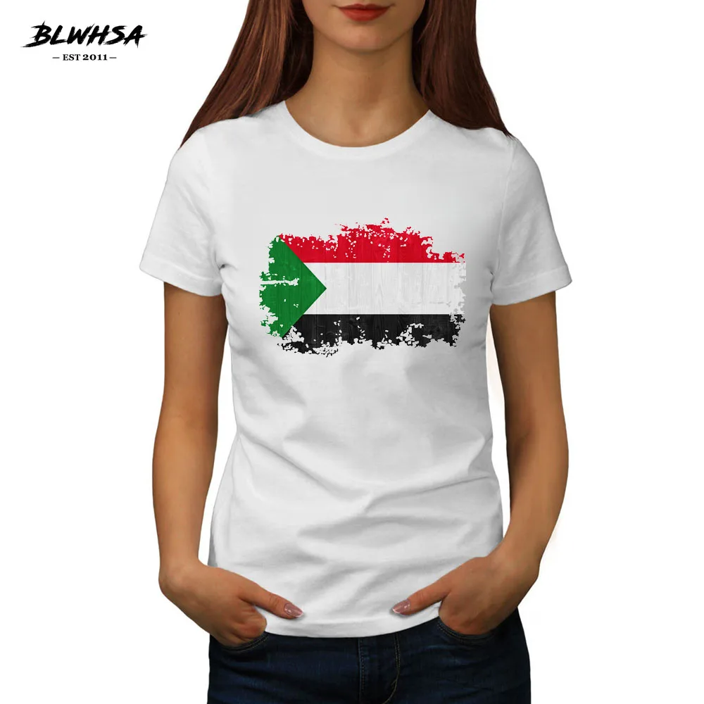 

BLWHSA Summer Women T Shirt Printed Cotton T-Shirt Female Tops Short Sleeve O-Neck Sudan Nostalgic Flag Women Clothing