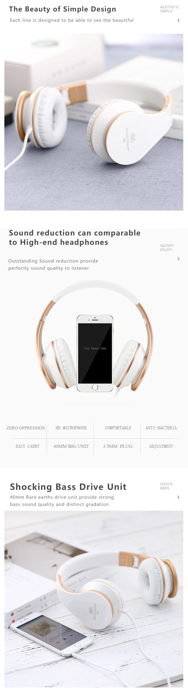 Наушники Sound Intone I65 с микрофоном, Накладные наушники, бас, hi-fi звук, музыка, стерео наушники для iPhone, Xiaomi, ПК