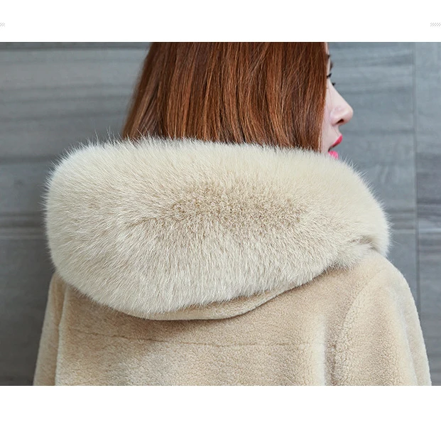 Женское зимнее пальто из искусственного меха, осенняя бежевая новая зернистая куртка, женское длинное пальто с лисьим мехом цвета хаки, свободное нежное пальто с капюшоном CX769
