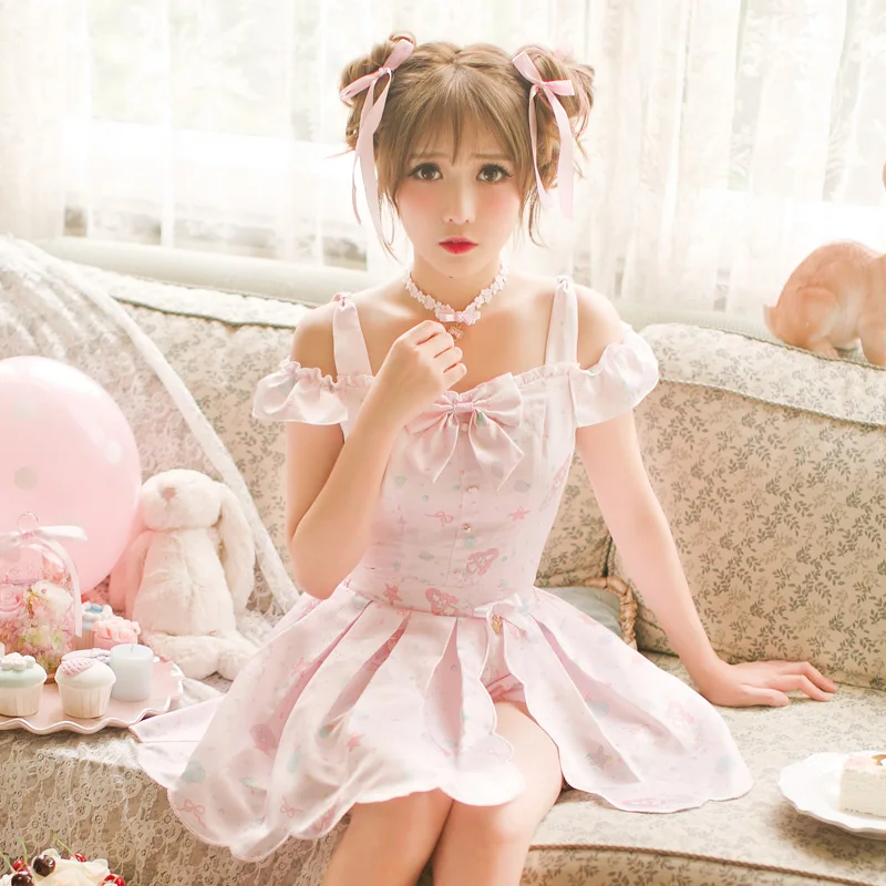 

Princess sweet lolita skirt set Candy Rain summer refresh Japanese style cute off shoulder pink tops bow skirt set C16AB6108