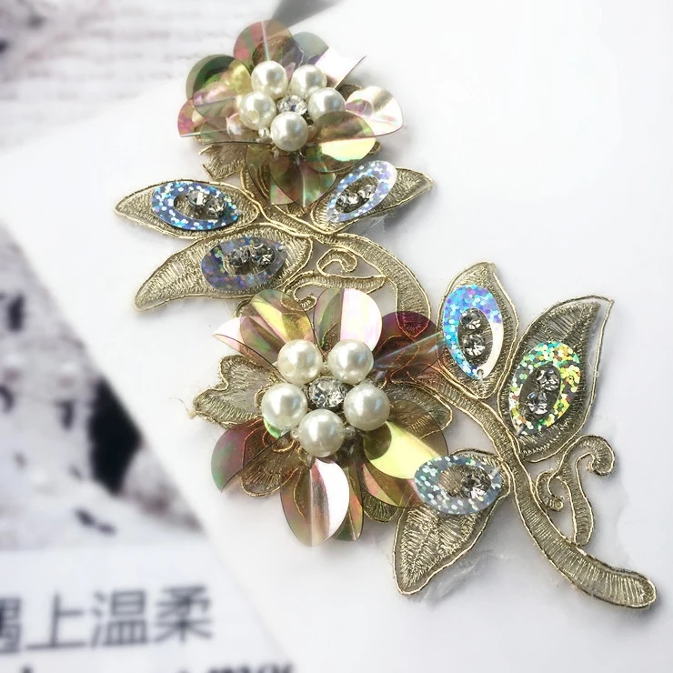 

champagne flower peal sequins Rhinestones Beaded patches for clothes parches termoadhesivos para ropa stickers for clothes