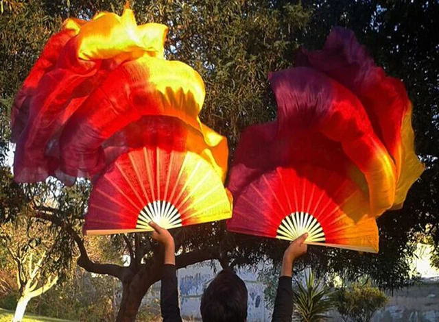 Unisex 100% Real/Imitation Silk Belly Dance Fans Hand Belly Dancing Fans Handmade Hand Dyed Silk Chinese Dance Veil Fan 180x90cm as picture-3