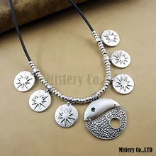 Ethnic Exaggerated Tai Chi Vintage Antique Silver PU Leather Choker Necklace Statement Jewelry Jewellery Gift For Women Girls vintage faux leather x shaped choker necklace