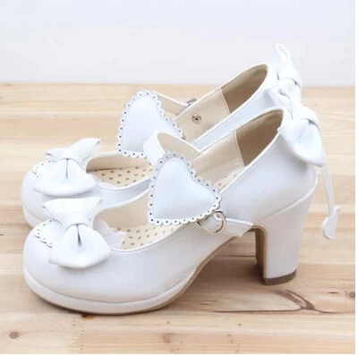 Новые симпатичные туфли на высоких каблуках симпатичная однотонная обувь закругленной формы для девочек с бантиком в стиле Лолиты для принцессы мягкая обувь - Цвет: Белый