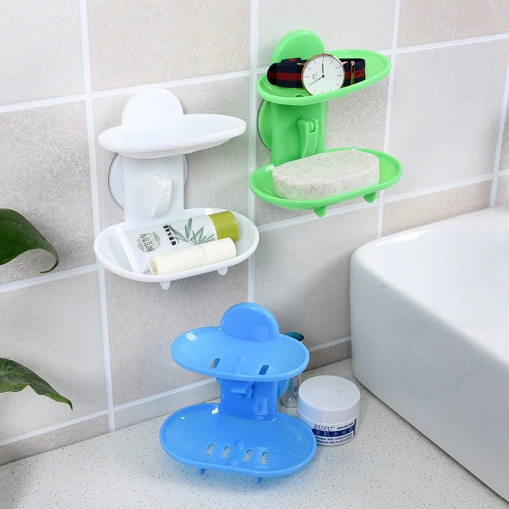 1PCS Hot Selling Bathroom Double Layers Strong Sucker Soapbox Soap Draining Holder Soap Dish 6 Colors