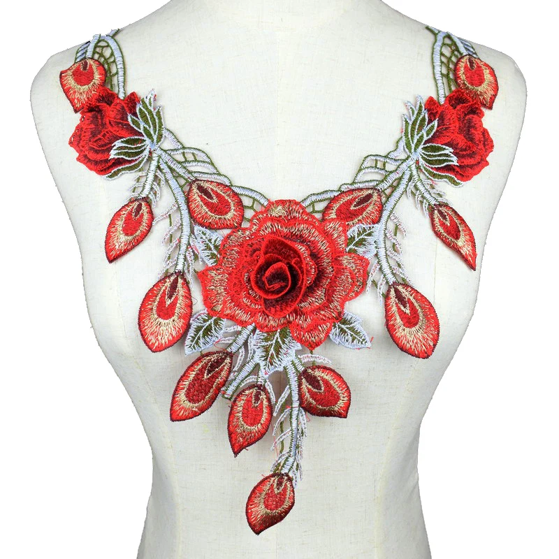 Красный цветок вышитые кружева декольте DIY воротник отделка одежды швейная аппликация вышивка край для швейные принадлежности рукоделие